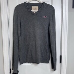 Y2K Hollister Mens XL Gray V Neck Knit Sweater Logo Preppy Casual
